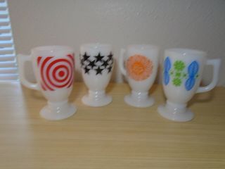 Set Of Four (4) Vintage Mcm Fire - King Milk Glass Tall Footed Irish Coffee Mugs
