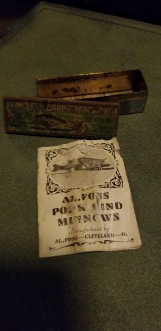 Old Metal Al Foss Pork Rind Lure Box With Paperwork