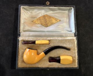 Antique Shelton Meerschaum Pipe W/case & 2 Tips Czechoslovakia As - Is Rare Smoker