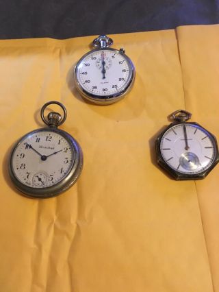 Two Vintage Pocket Watchs And One Vintage Stop Watch