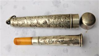 No Reserv Silver & Amber Cigarette Cheroot Cigar Holder In Silver Case Antique