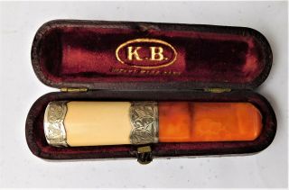 No Resv Silver Meerschaum & Amber Cheroot Cigar Holder In Case Antique Cigarette