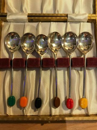 Set Of 6 Boxed Vintage Silver Plated Epns Coffee Bean Spoons Coloured Beans Ends