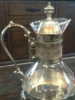 Vintage Silver Plate & Glass Coffee/Tea Carafe Pitcher With Warmer Stand 2