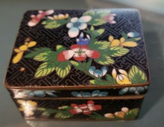 Vintage Black Cloisonne Enamel Flower Hinged Box Made In China