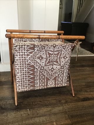 Vintage Knitting Sewing Crochet Stand Up Cloth Bag Folding Basket Wood Frame