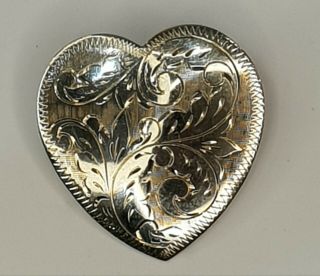 Vintage Sterling Silver Engraved Heart Shaped Brooch