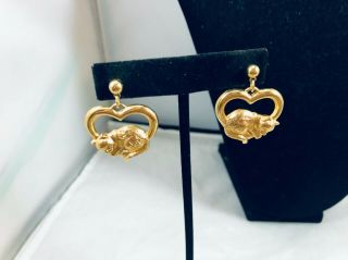 Vtg.  Avon Shiny Gold Tone Kitty Cats In Hearts Pierced Earrings