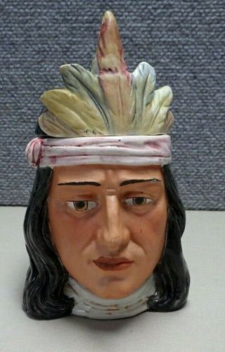 Antique Tobacco Jar Native American Indian Chief Head Majolica Matte Face Hvb
