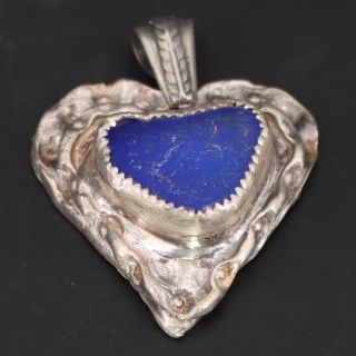 Vtg Sterling Silver - Southwestern Blue Sea Glass Stamped Heart Pendant - 11g