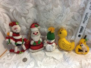 Vtg Felt Handmade From Kit Xmas Ornaments 5 Santa Snowman Duck Pear Beads