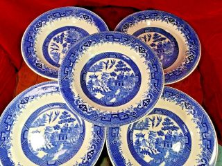 Set Of 5 Vintage Shenango China Pottery Blue Willow Rimmed Soup Bowls 9”