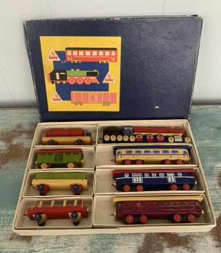 Vtg 1950s Wooden Toy Trains Set 8 Diff Made In Czechoslovakia