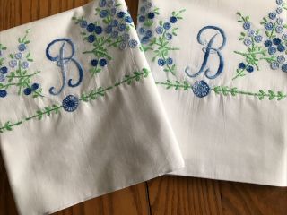 2 Vintage Cotton Pillowcases Set Hand Embroidered Monogram B