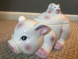 Vintage Kmc Pig And Piglet Cookie Jar With Lid Ceramic Clay 11”x 6”