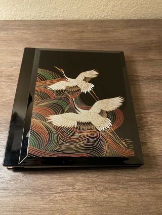 Vintage Japanese Hand Painted Black Lacquer Photo Album Flying Cranes