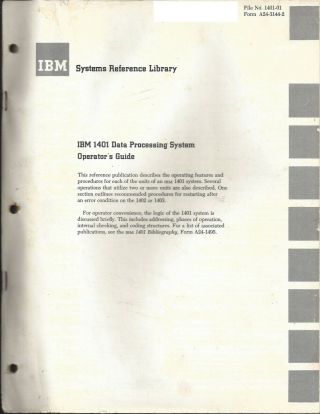 Ibm Reference Library Ibm1401 Data Processing System Operator 