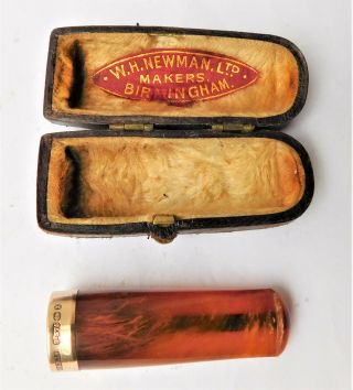 NO RESRV 9ct Gold & Amber Cheroot Cigar Holder in Case Vintage Antique Cigarette 2