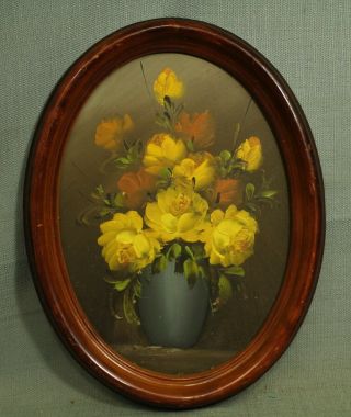 Vintage Old Oil Painting Bouquet Yellow Flowers Blue Vase Oval Wood Frame