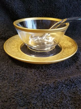 Vintage Gold Trim Glass Serving Bowl,  Plate And Spoon
