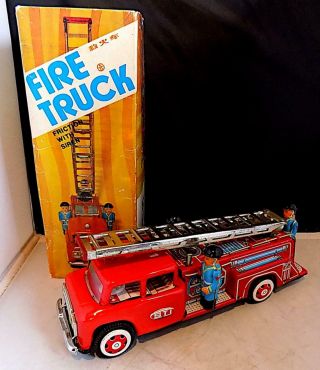 Vintage Tinplate Friction Fire Truck With Pop - Up Ladder,  Siren,  China,  Exib
