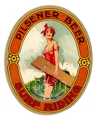 1920s Phoenix Brewery,  Amersfoort,  Holland Surf Riding Pretty Lady Beer Label