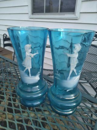Vintage Antique Mary Gregory Blue Two Boy Girl Fishing Vases