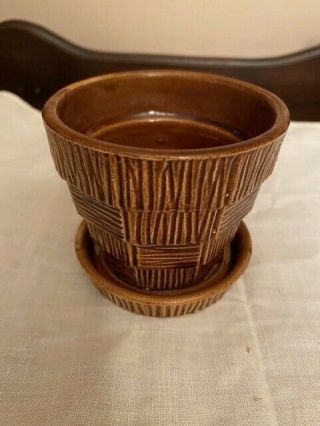 Vintage Brown Mccoy Basket Weave Flower Pot/planter