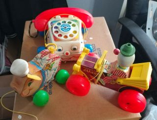 3 - Vintage Fisher Price Pull Toys - Pig,  Clown,  Telephone,  All 3 Work