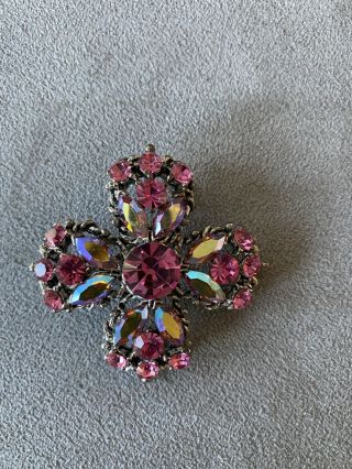 VINTAGE – SIGNED WEISS – PINK AND AURORA BOREALIS RHINESTONE LARGE BROOCH PIN 2