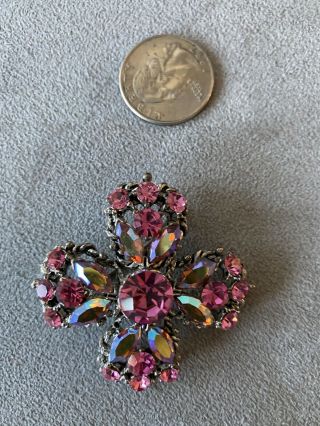 VINTAGE – SIGNED WEISS – PINK AND AURORA BOREALIS RHINESTONE LARGE BROOCH PIN 3