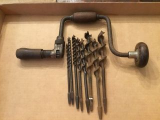 Vintage Antique Hand Crank Brace Bit Drill With 8 Auger Bits