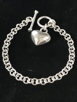 Vintage Sterling Silver Heart Charm Pendant Chain Link Charm Toggle Bracelet 7.  5
