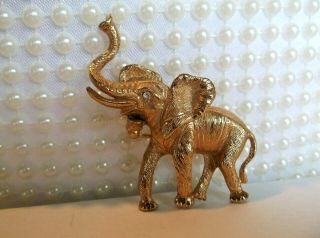Vintage Napier Highly Detailed Elephant Trunk Up Rhinestone Eye Rich Gold Brooch