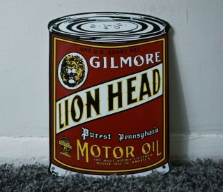Vintage Gilmore Porcelain Sign Gas Motor Oil Can Station Pump Plate Gasoline