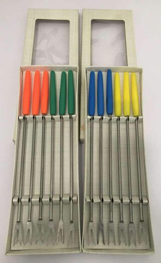 Vintage Retro Fondue Forks Colour Coded - Heat Resistant Handles Made In Japan