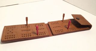 Vintage Leather Folding Cribbage Board With 4 Pegs - About 2” X 4”