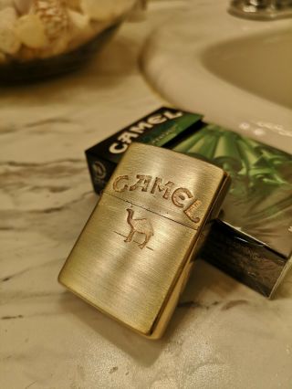 Camel Zippo Lighter Solid Brass Etched Rare Cz Rj Reynolds