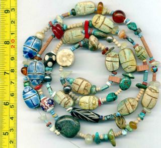 Beads Egyptian Scarab Beads Turquoise Red Coral Clay Tubes 37 " Long Vintage