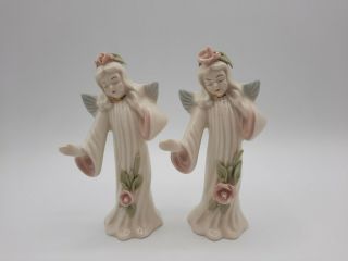 Set Of 2 Vintage Cybis Porcelain Angels With Pink Roses In Hair Figurines