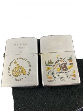 2 Vintage Zippo Lighters With Repaired Hinges 1962 Mercer Bowling & 1978 Hunter