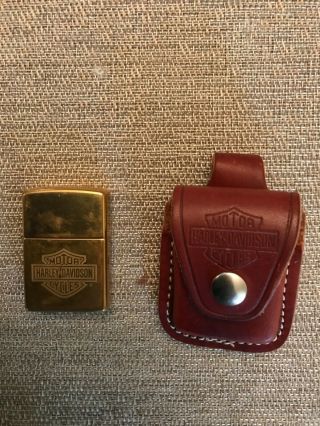 Zippo Lighter Harley Davidson Brass With Leather Pouch