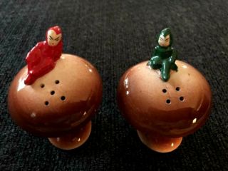 Vintage Pixie Devils On Mushrooms Salt & Pepper Shakers Japan Unusual & Rare