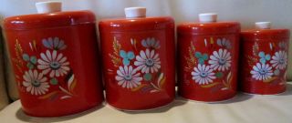 Vintage 50s Ransburg Hand Painted Daisy Pattern 4pc Orange Red Tin Canister Set