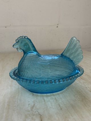 Rare Vintage Turquoise Aqua/horizon Blue Indiana Glass Hen On Nest Candy Dish 7 "