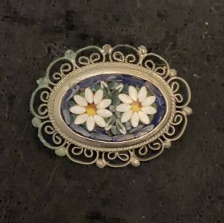 Vintage Italian Micro Mosaic Silver Filigree Brooch Flower Design