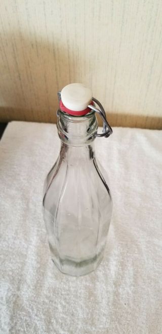 Vintage Cerve Italy 10 Sided Clear Glass With Wire Bail And Porcelain Stopper