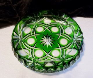 Vintage Retro Clear And Green Cut Glass Crystal Ashtray Round Heavy Trinket Dish