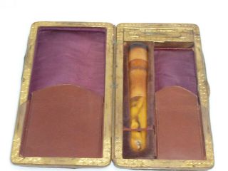 Victorian Butterscotch Amber Cheroot Holder Cigar Vesta Case Leather Smoking Set