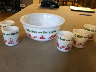 Vintage Hazel Atlas Tom And Jerry Christmas Glass Set Of Bowl And 5 Cups